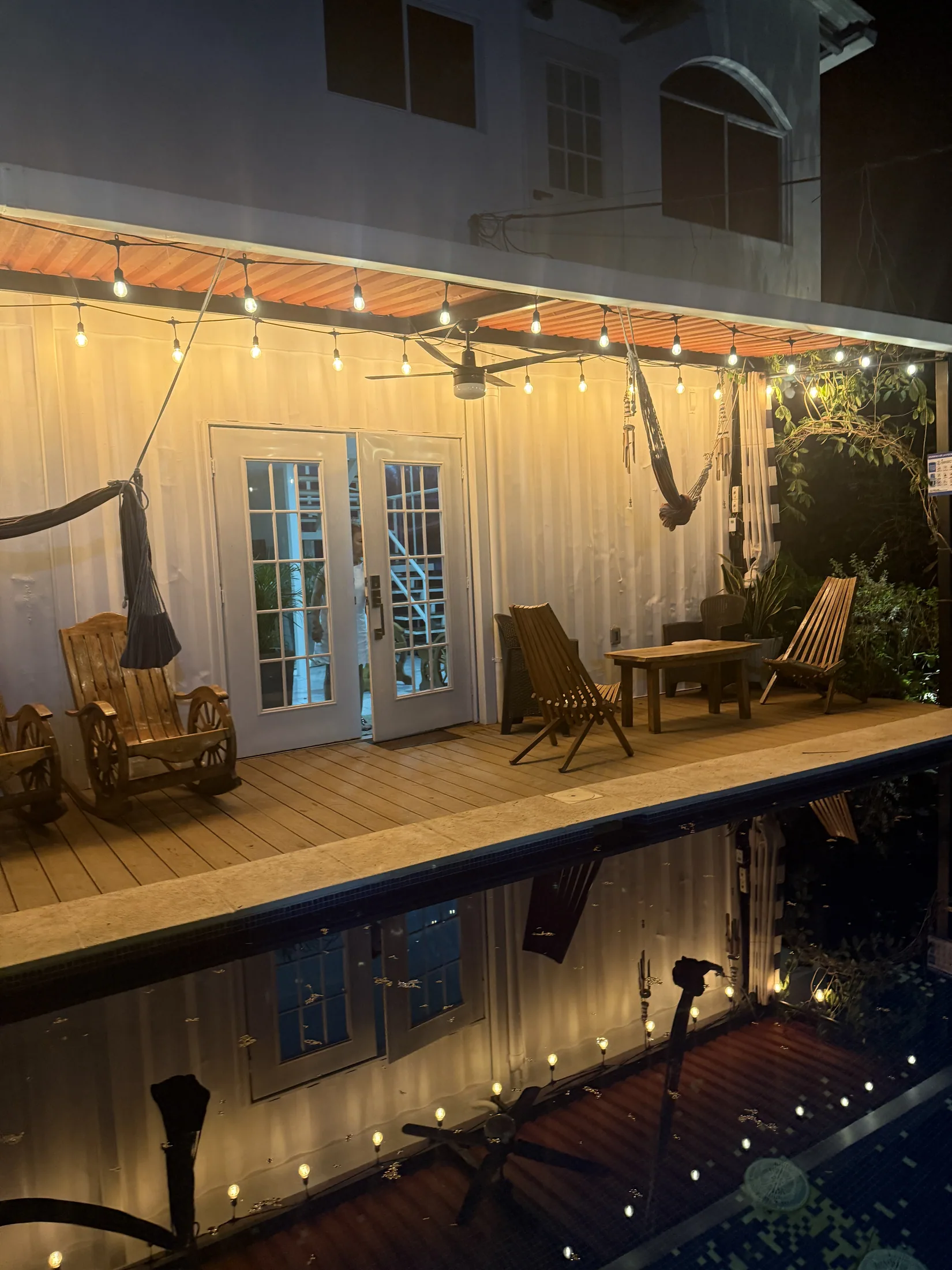 Poolside patio at night